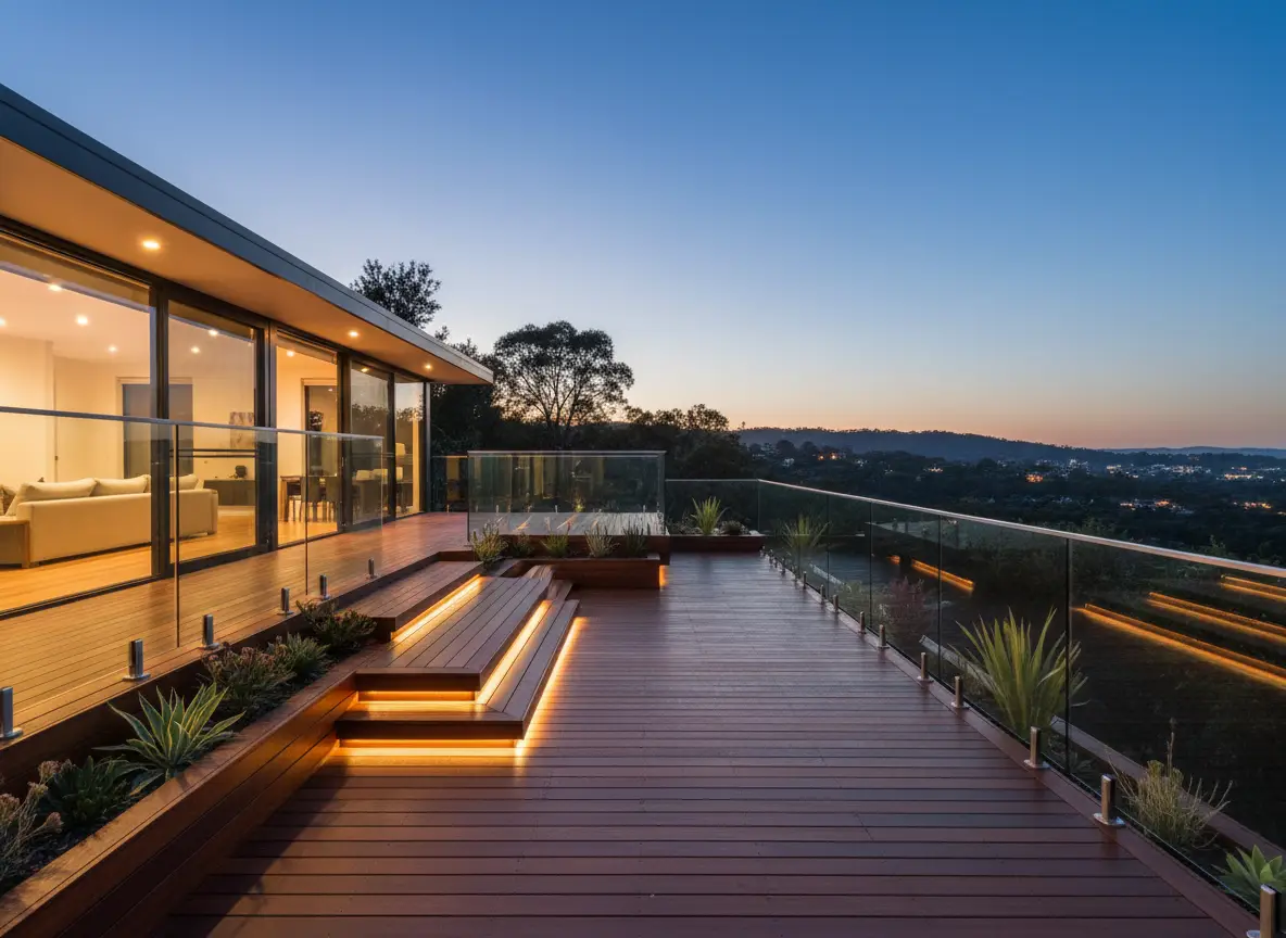 Timber deck with lighting at dusk, Melbourne skyline view