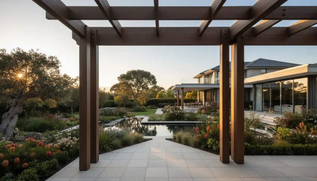 Luxury timber pergola at sunset
