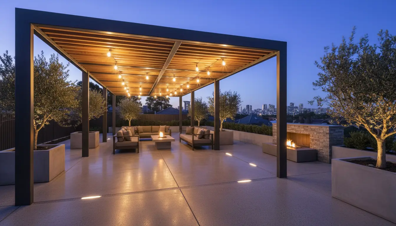 Pergola with outdoor lighting, Melbourne entertaining area