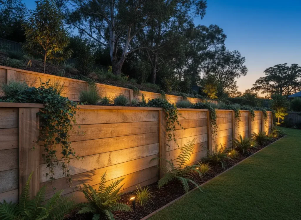 Wooden retaining wall with lighting